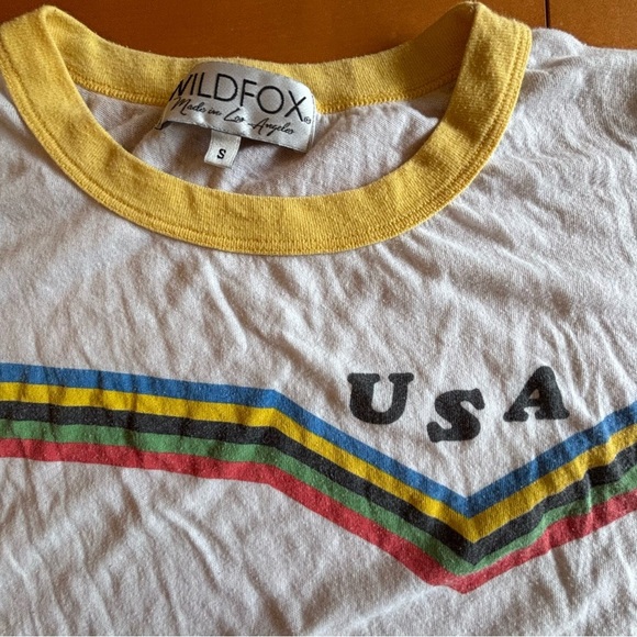 Wildfox Couture S US Team striped white cotton polyester T-shirt yellow … - Picture 2 of 9